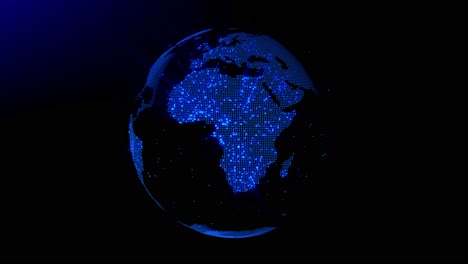 Kontinuierliche-Animationsschleife-Rotierender-Blauer-Erde,-Die-Aus-Leuchtenden-Partikeln-Besteht-Und-Lichtstrahlen-Aussendet