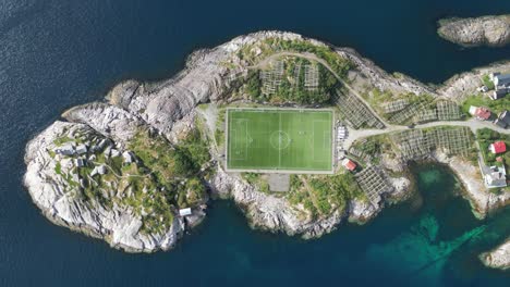 Henningsvaer-Soccer-Field-in-Lofoten-Island,-Norway---Aerial-Top-Down-View