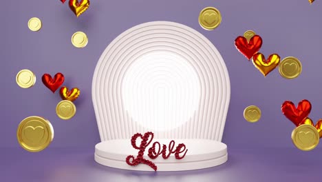 Ausstellungsprodukt-Mit-Herzhintergrund-In-Goldmünze-Und-Luftballons-Und-Liebesbriefen-Für-Die-Valentinstagsfeier,-Romantische-Paaraffäre,-Rendering-Animation,-E-Commerce-Onlineshop