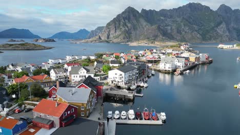 Henningsvaer-Fishing-Village-in-Lofoten-Island-Archipelago,-Norway,-Scandinavia---4k-Aerial