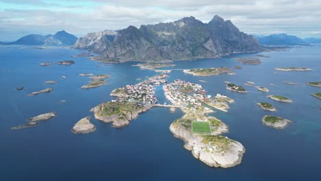 Lofoten-Island-Archipelago-and-Henningsvaer-Soccer-Field-in-Norway,-Scandinavia---4k-Aerial-Circling