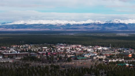 Beautiful-drone-shot-of-West-Yellowstone-with-mountains-in-the-background
