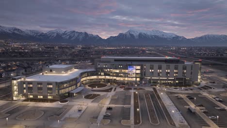 Primary-Children's-Hospital-at-dawn-in-Lehi,-Utah---aerial-flyover