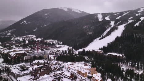 Cinematic-Colorado-aerial-drone-cloudy-snowy-winter-December-Christmas-Summit-Cove-Keystone-Ski-Resort-Epic-Local-Pass-entrance-Rocky-Mountain-Breckenridge-Vail-Summit-County-High-Country-circle-right