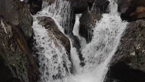 Powerful-water-stream-go-through-dark-volcanic-rock,-Icelandic-river