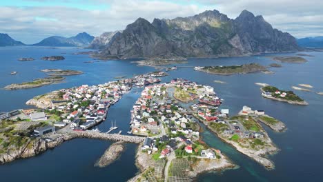 Henningsvaer-Aerial-View-at-Lofoten-Island,-Norway,-Scandinavia---4k