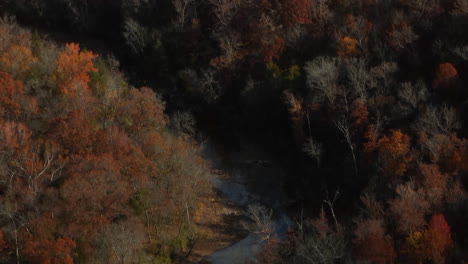 Colorful-Autumn-Forest-And-River-In-Arkansas,-USA---Aerial-Shot