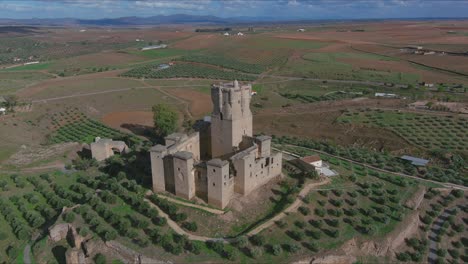 Belalcazar-Castle-and-olive-groves-in-province-of-Cordoba,-Andalusia