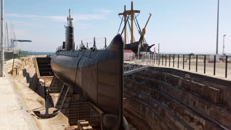 Retired-Submarino-Barracuda-Albacore-class-military-submarine-in-Cacilhas,-Portugal