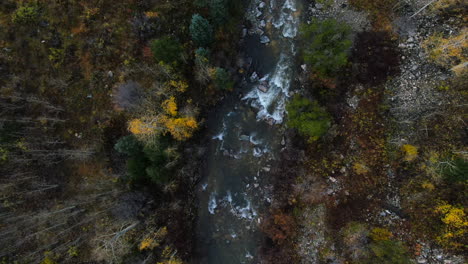 Cinematic-drone-aerial-4wd-road-Marble-Crystal-Mill-river-stunning-autumn-Aspen-fall-colors-Southern-Colorado-Rocky-Mountains-peaks-Ouray-Telluride-camping-by-river-backward-birds-eye-view