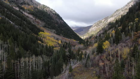 Cinematic-drone-aerial-4wd-off-road-Marble-Crystal-Mill-stunning-autumn-Aspen-fall-colors-Southern-Colorado-Rocky-Mountains-peaks-Ouray-Telluride-camping-by-river-yellow-trees-cloudy-forward-motion
