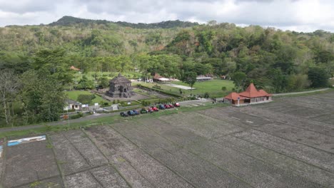 Beautiful-aerial-view-of-Banyunibo-temple,-a-Buddhist-temple-located-not-far-from-Ratu-Boko-Temple-and-Prambanan-temple