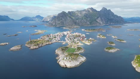 Henningsvaer-Soccer-Field-and-Village-in-Lofoten-Island-Archipelago,-Norway---4k-Aerial