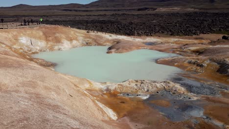 Panning-shot-of-sulfur-hot-lake-with-turquoise-water-in-the-geothermal-valley-Leirhnjukur,-Myvatn-region,-North-part-of-Iceland,-Europe