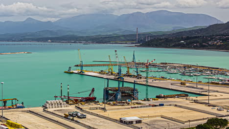 Sicily-Harbour-with-Crane-Gantries-and-a-Ship-Timelapse