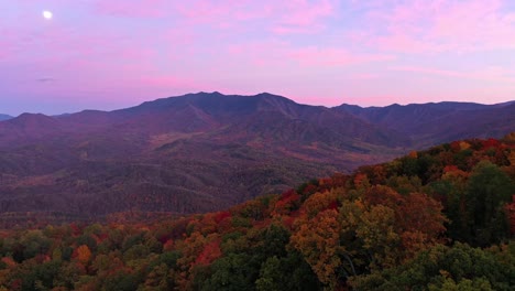 Pink,-Purple,-Blue-Sunset-over-the-Smoky-Mountains-with-Fall-Colors,-Pigeon-Forge,-TN