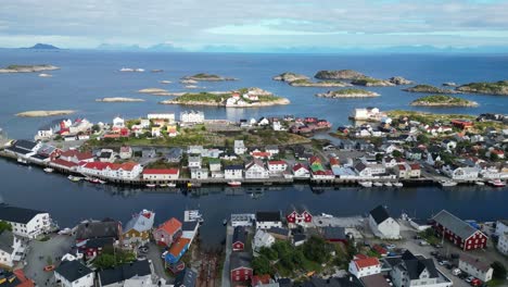 Henningsvaer-Village-at-Lofoten-Island,-Norway,-Scandinavia---4k-Aerial