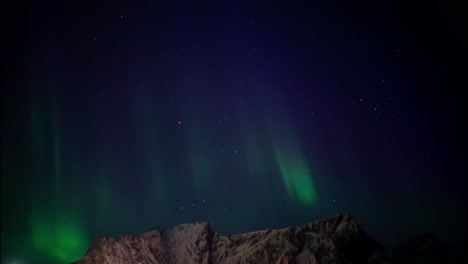 Aurora-Borealis,-with-vibrant-hues-of-green-dances-above-mountain-backdrop,-Lofoten,-Norway