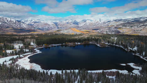 Himmlischer-Verlorener-See-Kebler-Pass-Luftbild-Drohne-Crested-Butte-Gunnison-Colorado-Jahreszeiten-Kollidieren-Frühherbst-Espe-Rot-Gelb-Orange-Wald-Winter-Erster-Schnee-Pulver-Rocky-Mountains-Kreis