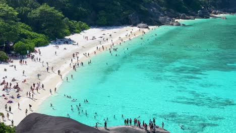 Crowded-Beach-with-Tourists-During-Peak-Season-at-Similan-Island-in-Phuket,-Thailand