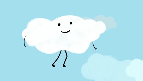 Nube-Feliz-Caminando-Sobre-El-Cielo-Azul,-Dibujos-Animados-En-2d