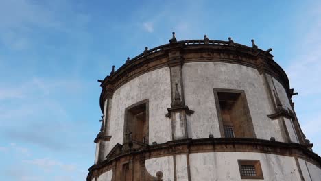 Porto-Monastery-of-Serra-do-Pilar,-low-angle-shot-against-blue-sky