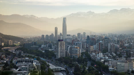 High-Soaring-Dawn:-Radiant-time-lapse-Morning-over-Santiago,-Chile