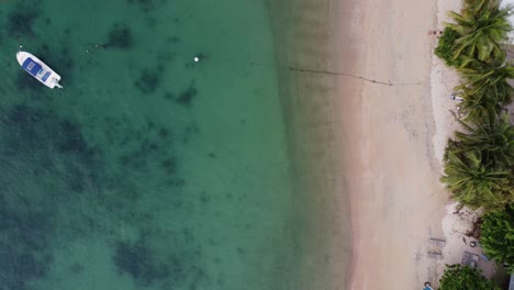 Birds-eye-drone-shot-of-a-beach-and-palm-trees-in-Thailand-with-a-small-boat-in-the-water
