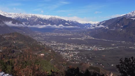 Adige-Valley-towards-Lana-and-Merano-and-Texelgruppe-mountain-range-in-December,-South-Tyrol,-Italy