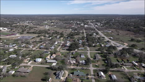 Aerial-Shot-over-Johnson-City,-Texas-and-Hill-Country,-small-town