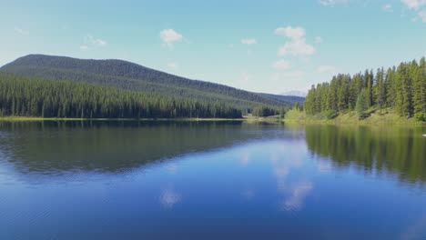 Der-Peppers-Lake-Mit-Glasartigem-Wasser-Und-Umgeben-Von-Einem-Riesigen-Immergrünen-Wald-Wird-überflogen,-Um-An-Einem-Sonnigen-Sommertag-Die-Felsigen-Berge-In-Alberta,-Kanada,-Freizulegen