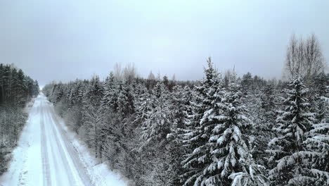 Frostiger-Wald-Im-Winter-Entlang-Einer-Verschneiten-Landstraße---Luftaufnahme
