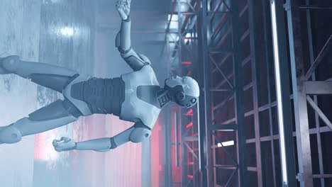 Vertical-De-La-Fábrica-De-Inteligencia-Artificial-Robot-Humanoide-Cibernético-Moviendo-Sus-Manos-Prototipo-Escenario-Futurista-Animación-De-Renderizado-3d