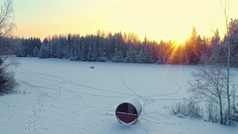 A-Reverse-Shot-Of-The-Sunrise-View-Among-The-Woods-And-A-Landscape-Covered-In-Snow