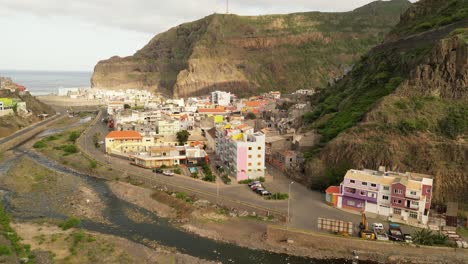 Observing-the-Town-of-Ribeira-Grande,-the-Largest-Settlement-on-the-Island-of-Santo-Antao,-Cape-Verde,-Africa---Aerial-Drone-Shot