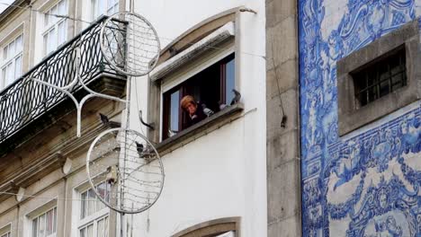 Old-woman-gossiping-through-a-window-surrounded-by-pigeons-in-Portugal