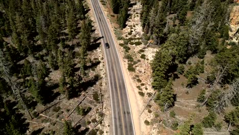 A-cinematic,-aerial,-drone-shot-of-a-Black-Ford-Mustang,-traveling-on-the-highway