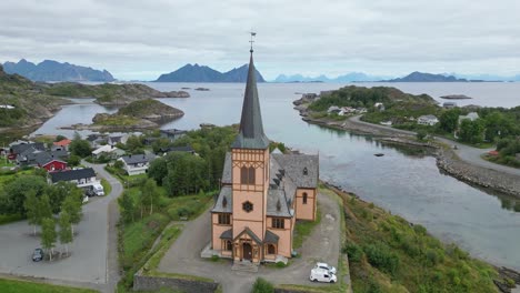 Vagan-Church-in-Nordland,-Lofoten-Islands,-Norway---Aerial-Circling