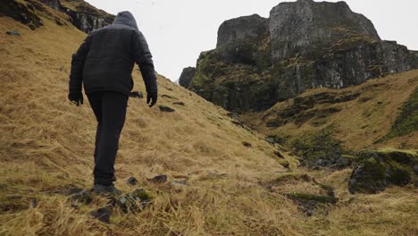 Low-angle-of-man-walk-on-yellow-grass-Icelandic-landscape-toward-volcanic-cliff