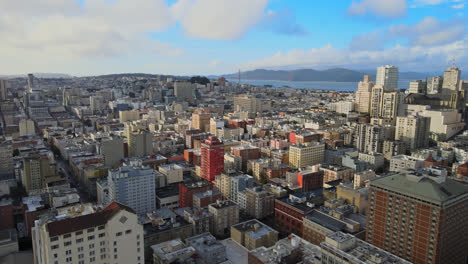 Epic-aerial-view-of-San-Francisco-city-Union-Square-skyline-buildings-neighbourhood,-California,-USA