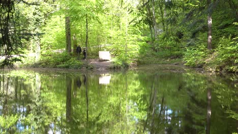Father-and-his-son-arrive-at-a-picturesque-pond-in-a-forest-in-southern-Germany-and-sit-down-on-a-bench