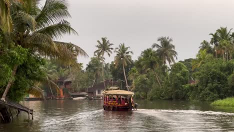 In-Der-POV-Aufnahme-Fährt-Ein-Boot-Mit-Touristen-Dorthin,-Wo-Es-Viele-Dhari-Bäume-Gibt-Und-Hinter-Der-Boa-Wellen-Im-Wasser-Sind