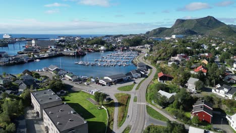 Svolvaer-Harbour-Fishing-Village-in-Lofoten-Islands,-Norway---Aerial-4k