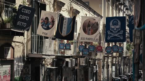 Banner-adorned-street-in-Naples,-Italy