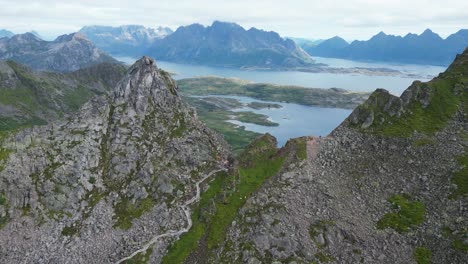 Djevelporten-Hike-Viewpoint-at-Floya-mountain-in-Svolvaer,-Lofoten-Islands,-Norway---Aerial-4k