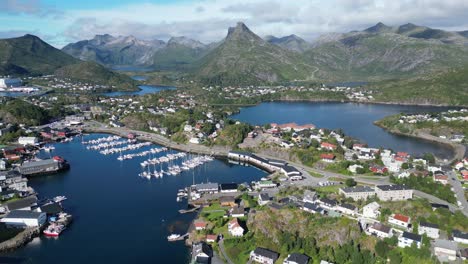 Svolvaer-Village-and-Fjords-in-Lofoten-Islands,-Norway---Aerial-4k