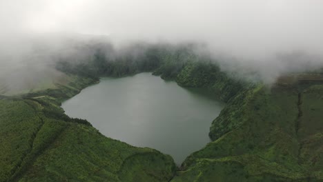 Drone-view-of-crater-lakes-Rasa-and-Funda-at-Flores-azores,-aerial