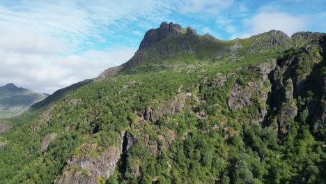 Lofoten-Islands-Mountain-Landscape-in-Svolvaer,-Norway---Aerial-4k-Tilting-Up