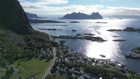 Svolvaer-Scenic-Coastal-Road-in-Lofoten-Islands,-Norway---Aerial-4k