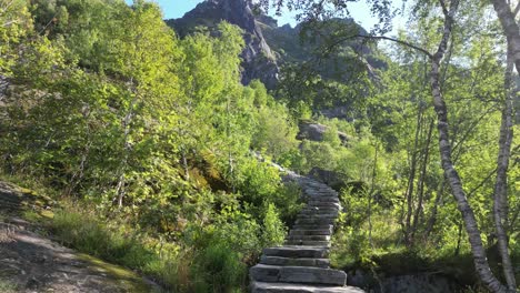 Hiking-Trail-Stairs-to-Djevelporten-at-Floya-Mountain-in-Svolvaer,-Lofoten-Islands,-Norway---Tilting-Up